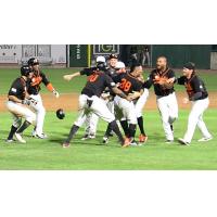 Long Island Ducks mob Ramon Cabrera after his walk-off double