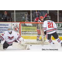 Dalton Jay of the Port Huron Prowlers celebrates a goal against the Carolina Thunderbirds