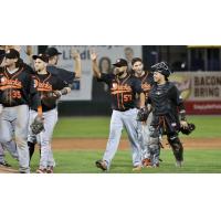 Francisco Rodriguez of the Long Island Ducks exchanges high fives after a save