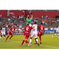 Ottawa Fury FC goalkeeper Maxime Crepeau makes a leaping save