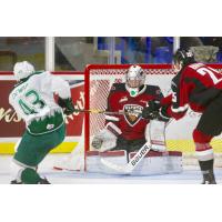 Vancouver Giants goaltender David Tendeck stops a shot by the Everett Silvertips