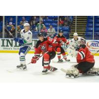 Binghamton Devils goaltender Cam Johnson vs. the Utica Comets in a preseason battle