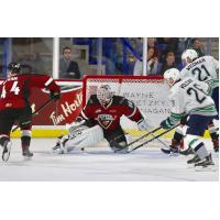 Vancouver Giants goaltender David Tendeck faces the Seattle Thunderbirds