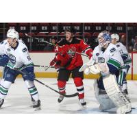 Binghamton Devils in front of the Utica Comets goal in AHL preseason play