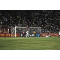 Sacramento Republic FC forward Villyan Bijev in front of the Portland Timbers 2 net