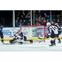 Vancouver Giants goaltender Trent Miner turns away the Kelowna Rockets