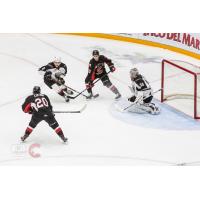 Vancouver Giants goaltender David Tendeck readies for a Prince George Cougars shot attempt