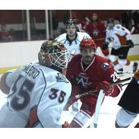 Miles Liberati of the Allen Americans eye the Kansas City Mavericks