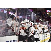 Alex Broadhurst and the Cleveland Monsters celebrate a goal