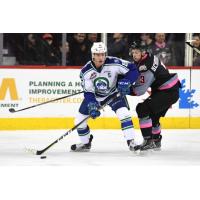 Dominic Schmiemann in action with the Calgary Hitmen vs. the Swift Current Broncos