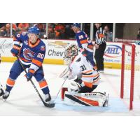 Lehigh Valley Phantoms goaltender Carter Hart stops the Bridgeport Sound Tigers