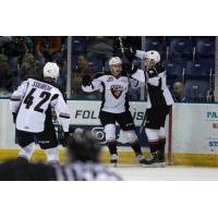 Milos Roman and the Vancouver Giants celebrate a goal vs. the Victoria Royals